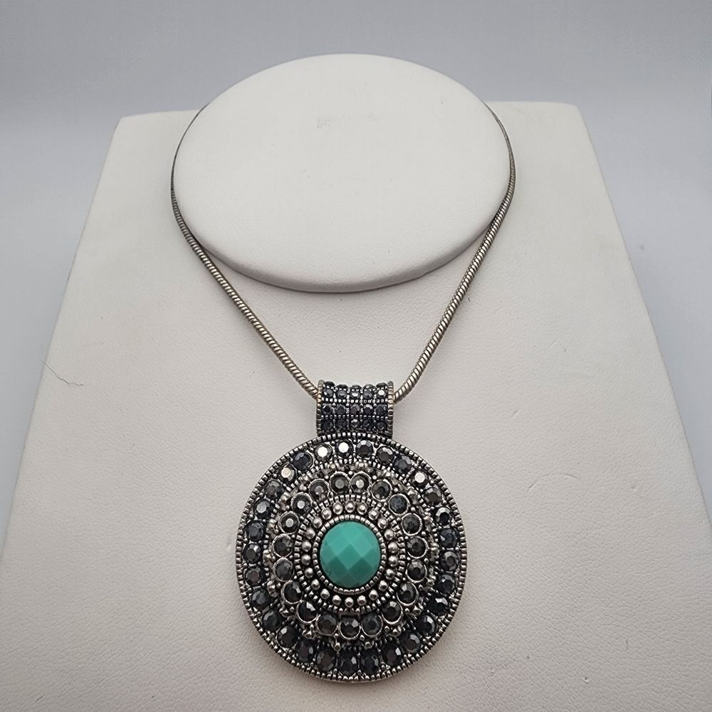 Trifari Silver Tone Blue & Gunmetal Rhinestone Medallion Necklace